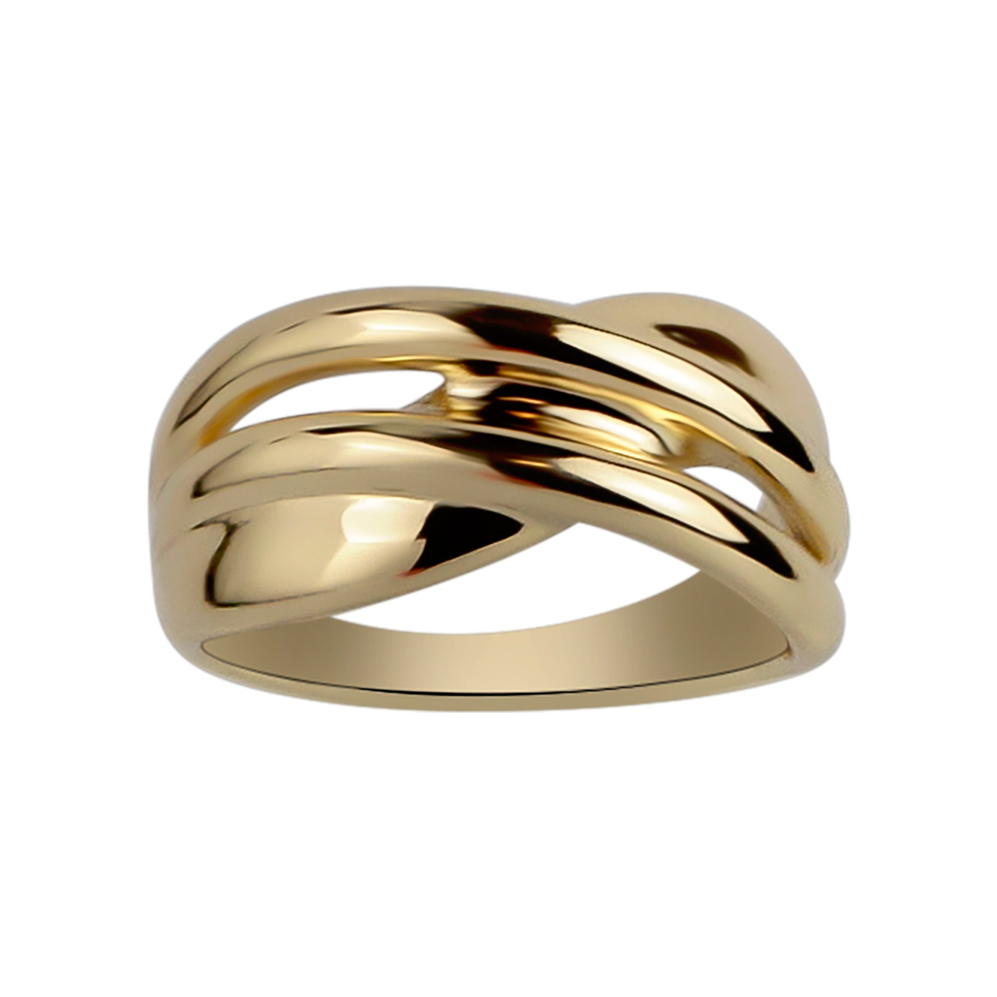 Gold ring with a twisted design on a white background