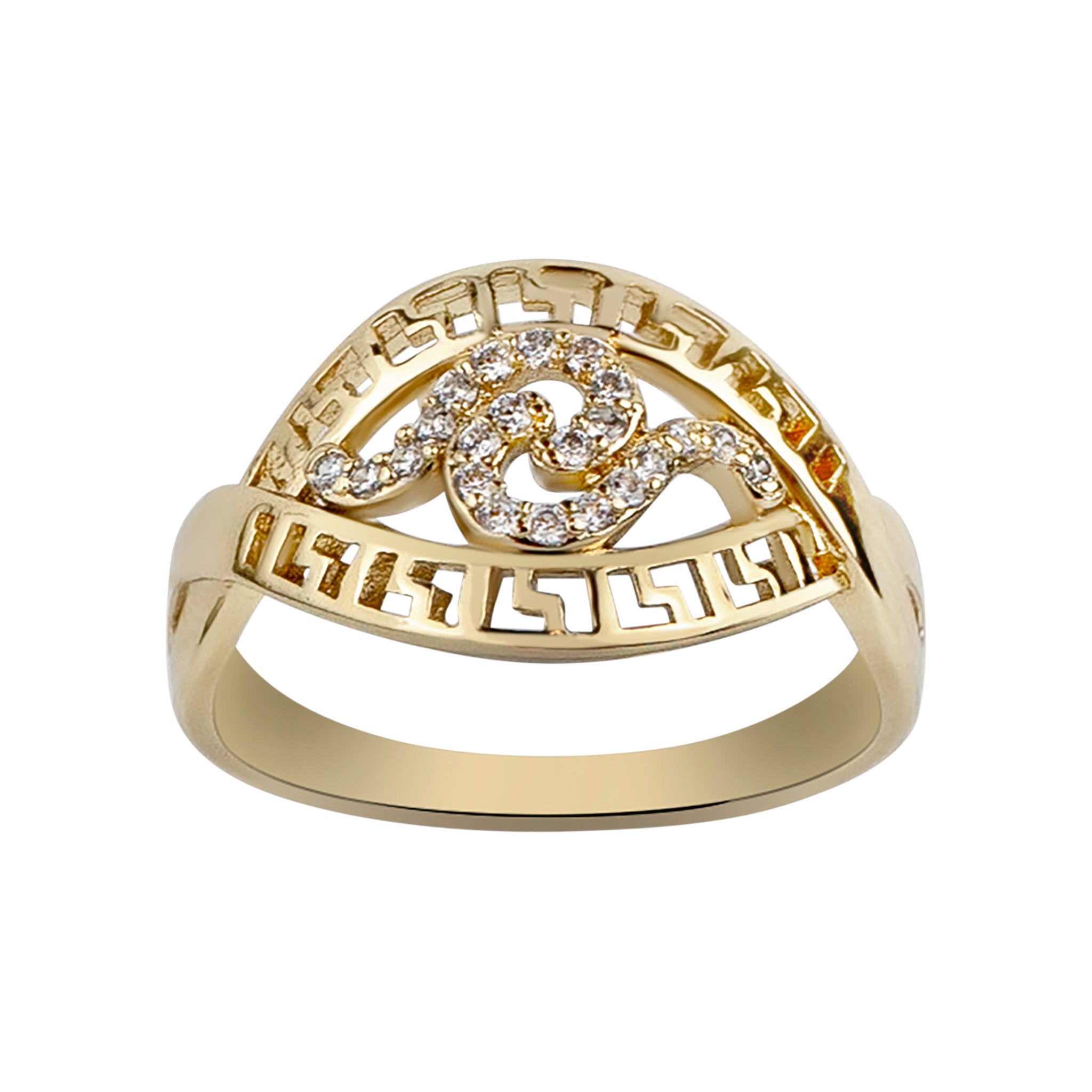 Gold ring with decorative design on a white background