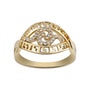 Gold ring with decorative design on a white background