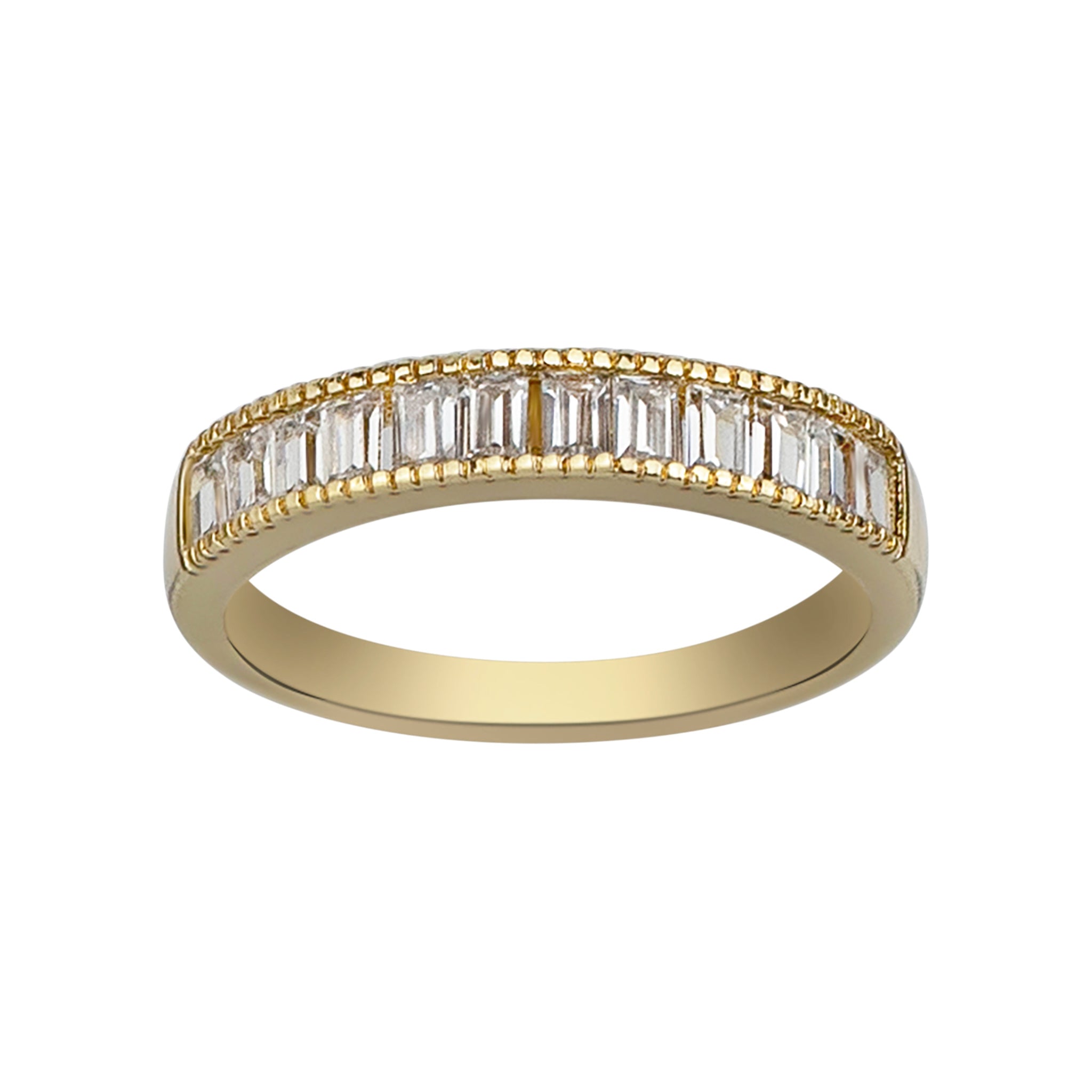 Gold ring with baguette-cut diamonds on a white background