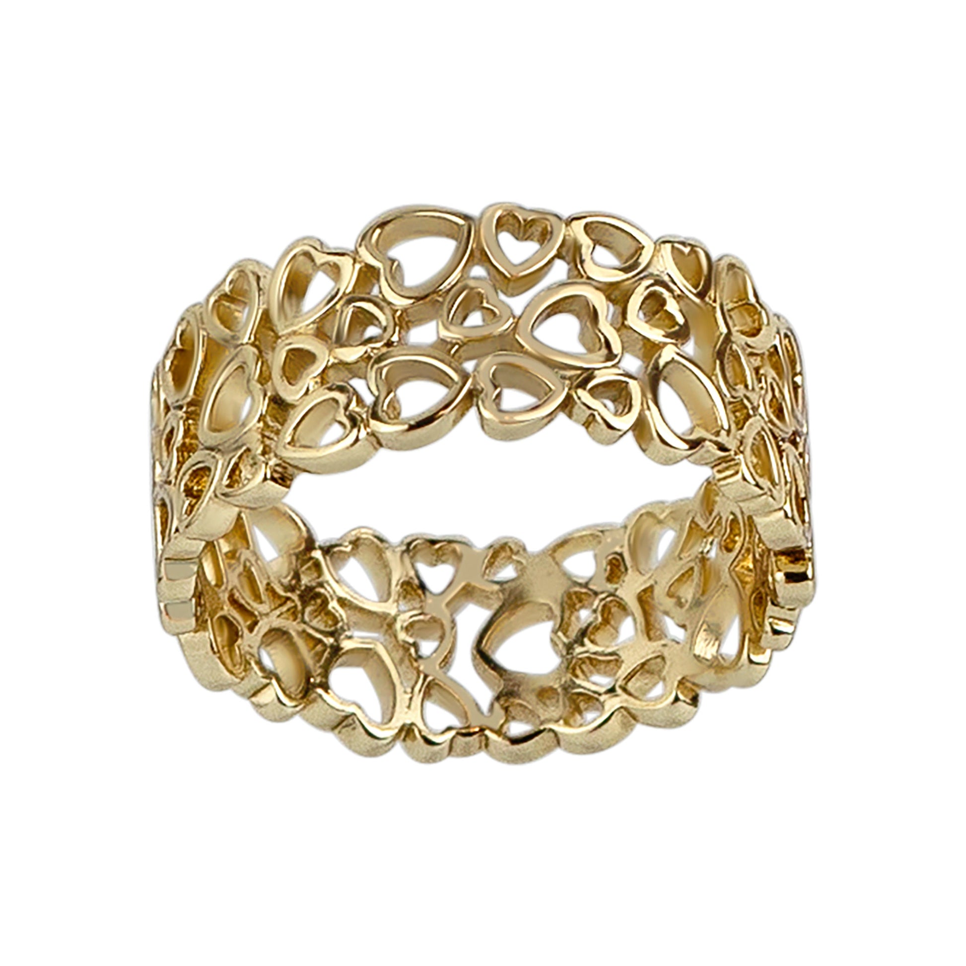 Gold bracelet with intricate heart designs on a white background