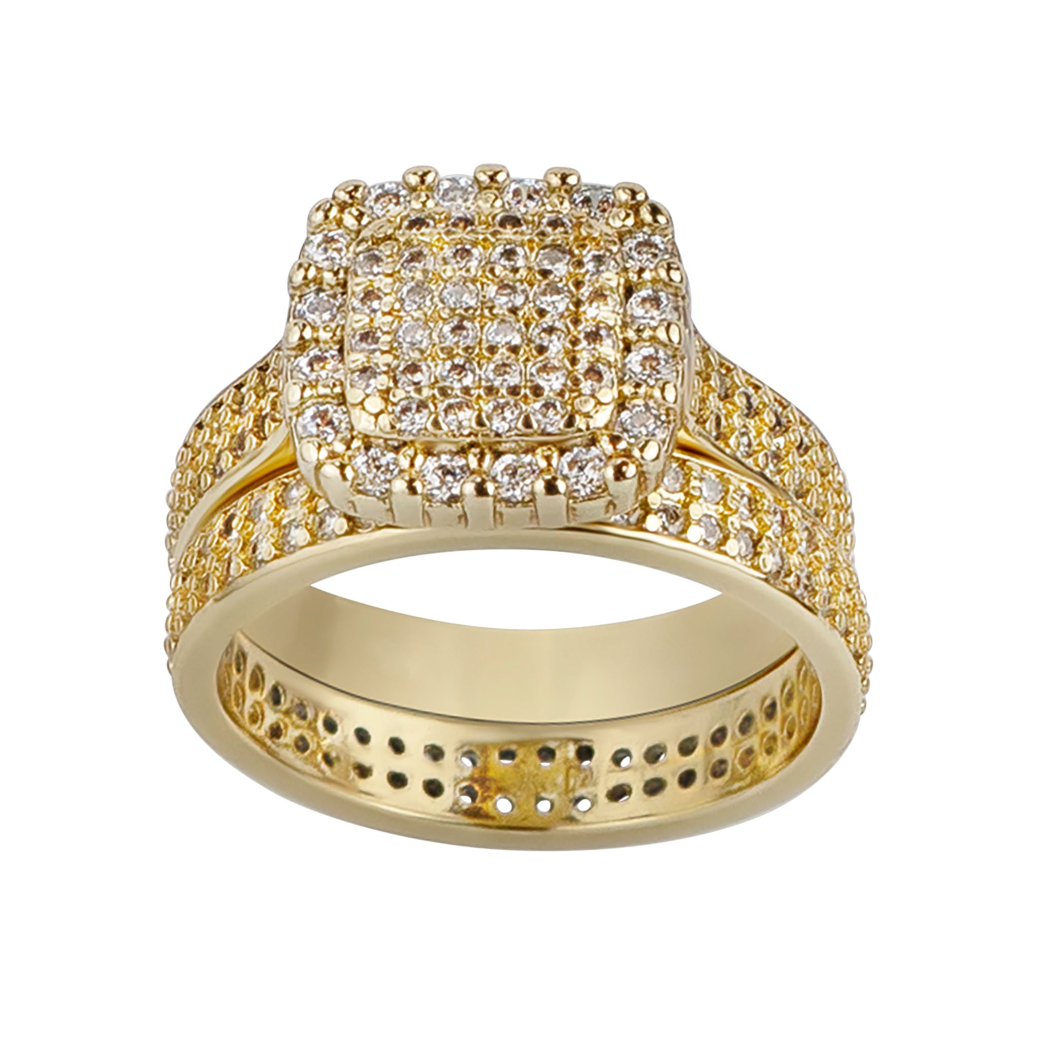 Gold ring with diamond accents on a white background