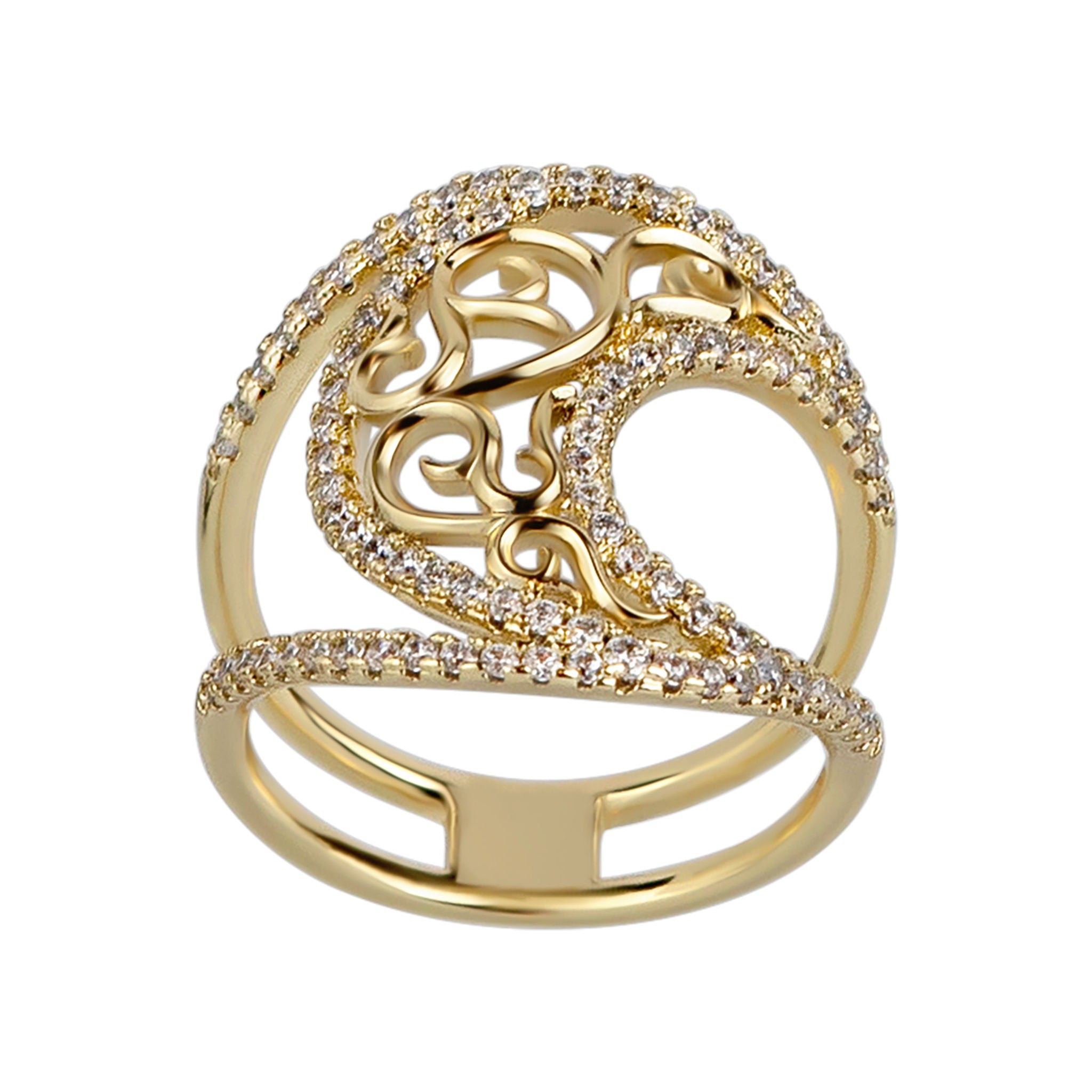 Gold ring with intricate design and diamond accents on a white background