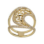 Gold ring with intricate design and diamond accents on a white background