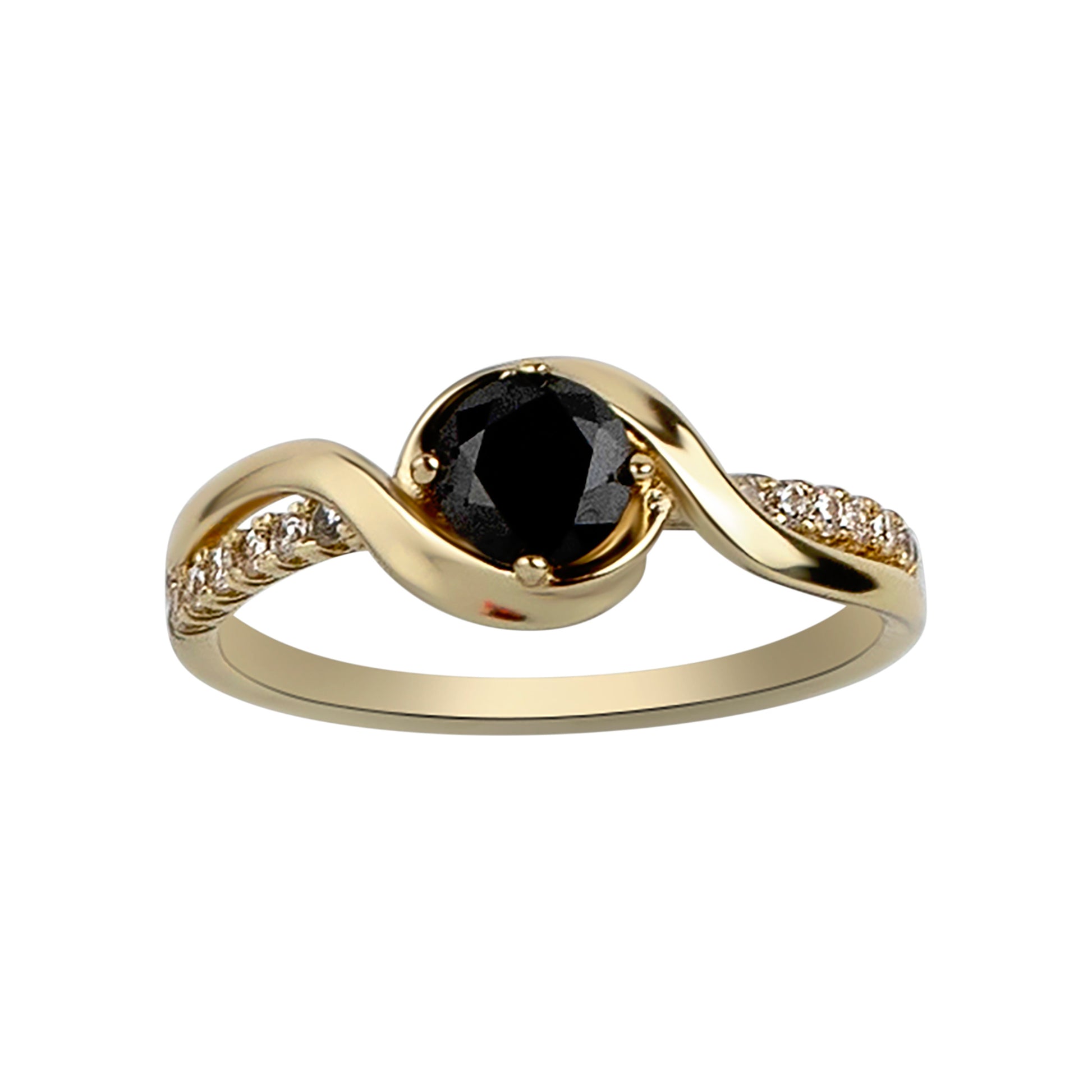 Gold ring with a black gemstone on a white background