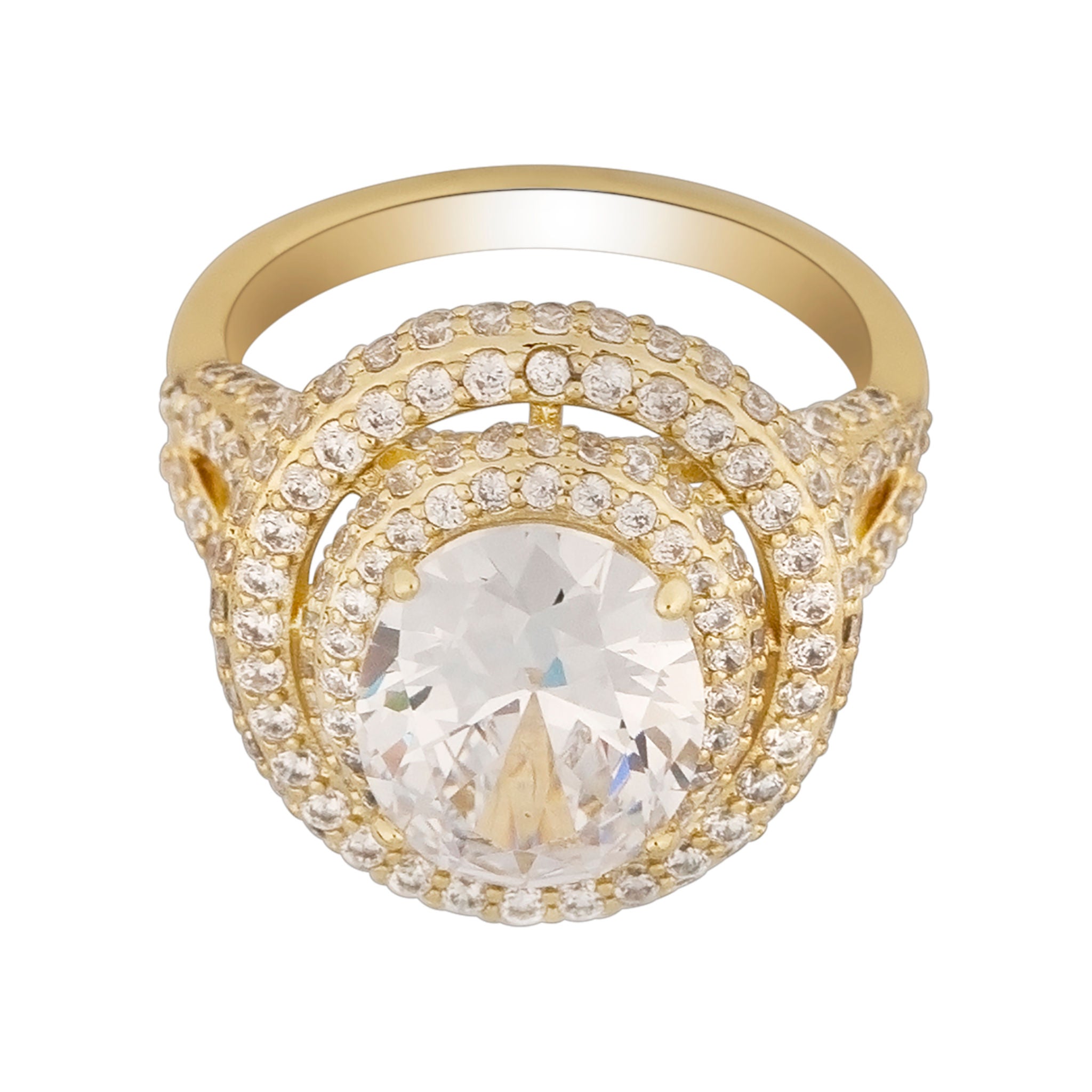 Gold ring with a large central gemstone and smaller diamonds on a white background