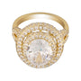 Gold ring with a large central gemstone and smaller diamonds on a white background