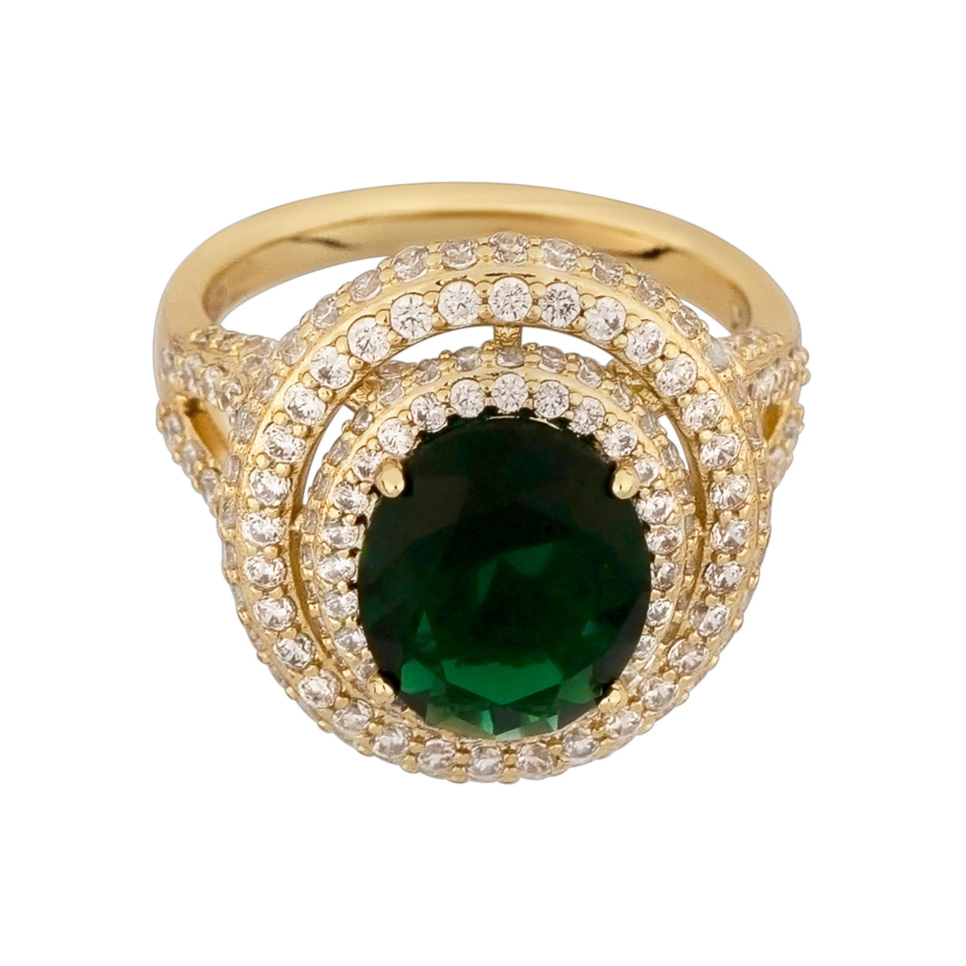Gold ring with a green gemstone and diamond accents on a white background