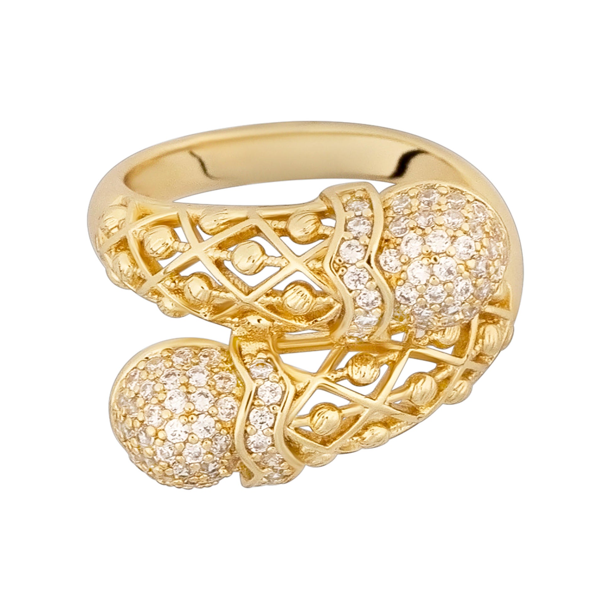 Gold ring with intricate design and embedded diamonds on a white background