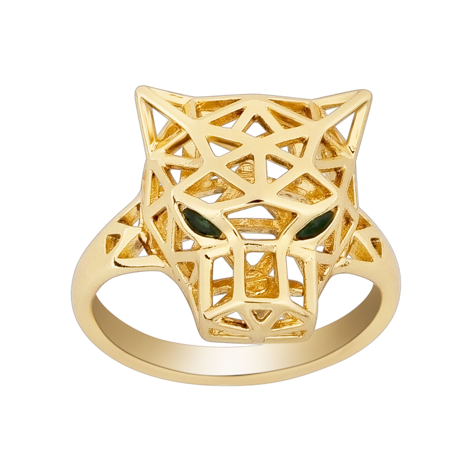 Gold geometric ring on a white background