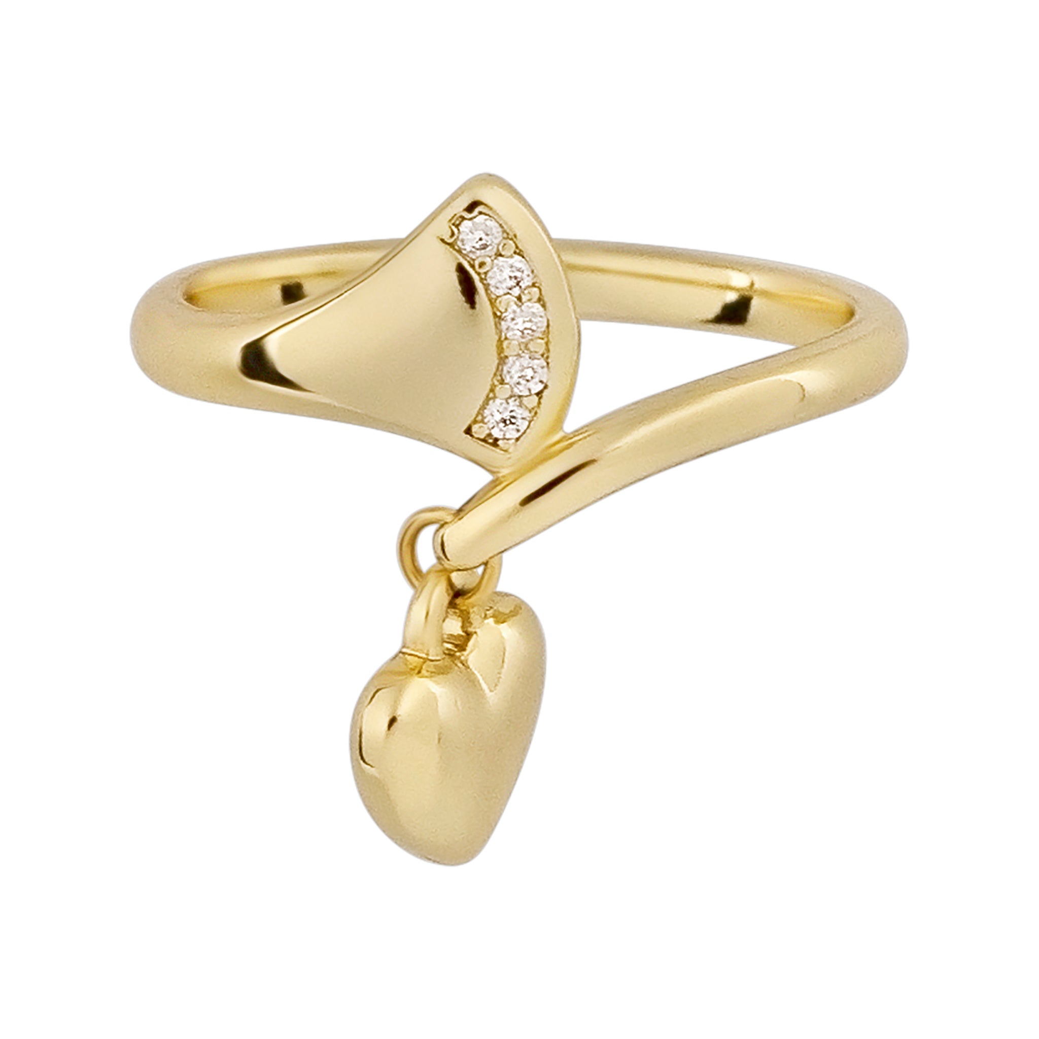 Gold ring with heart-shaped pendants on a white background