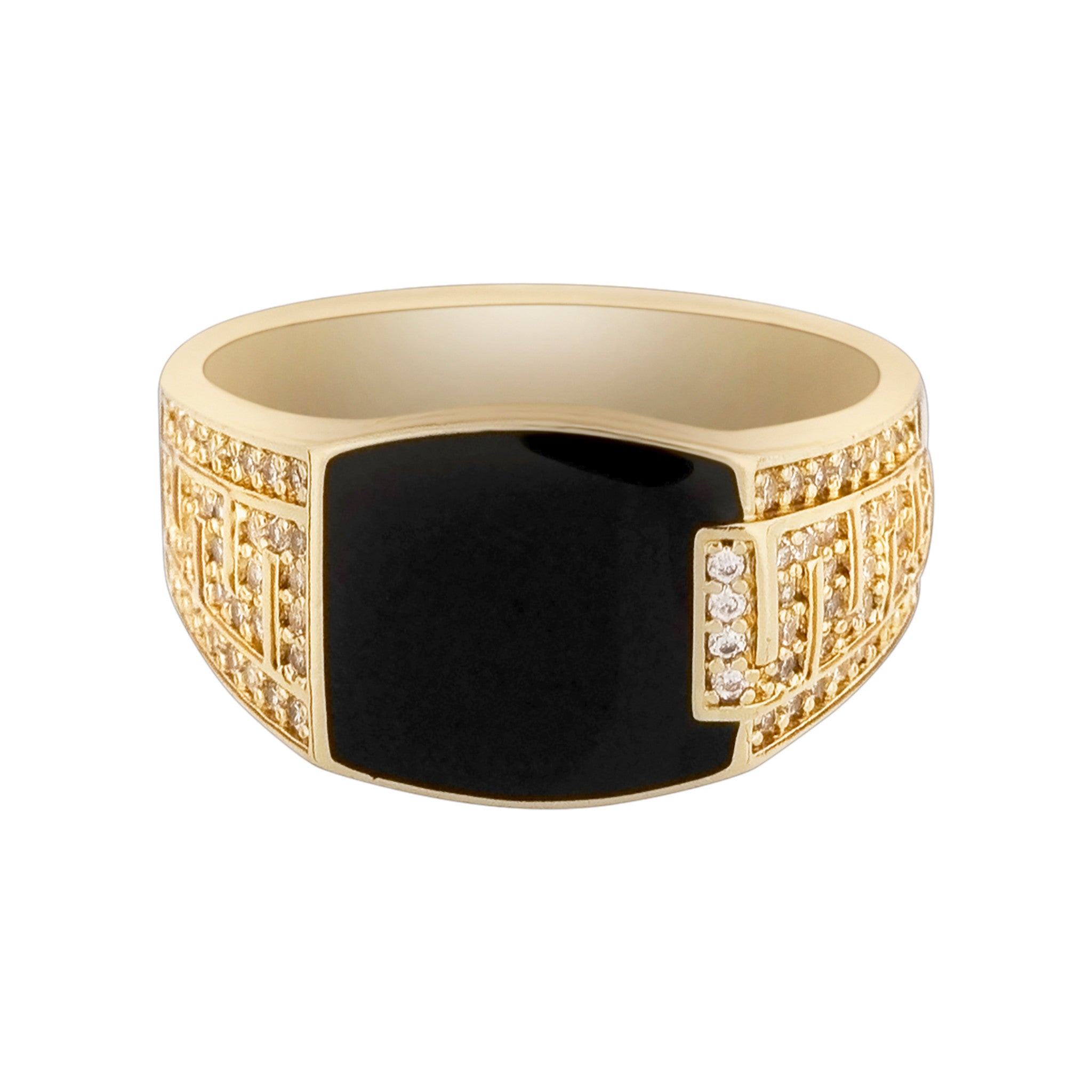 Gold ring with a black center stone on a white background