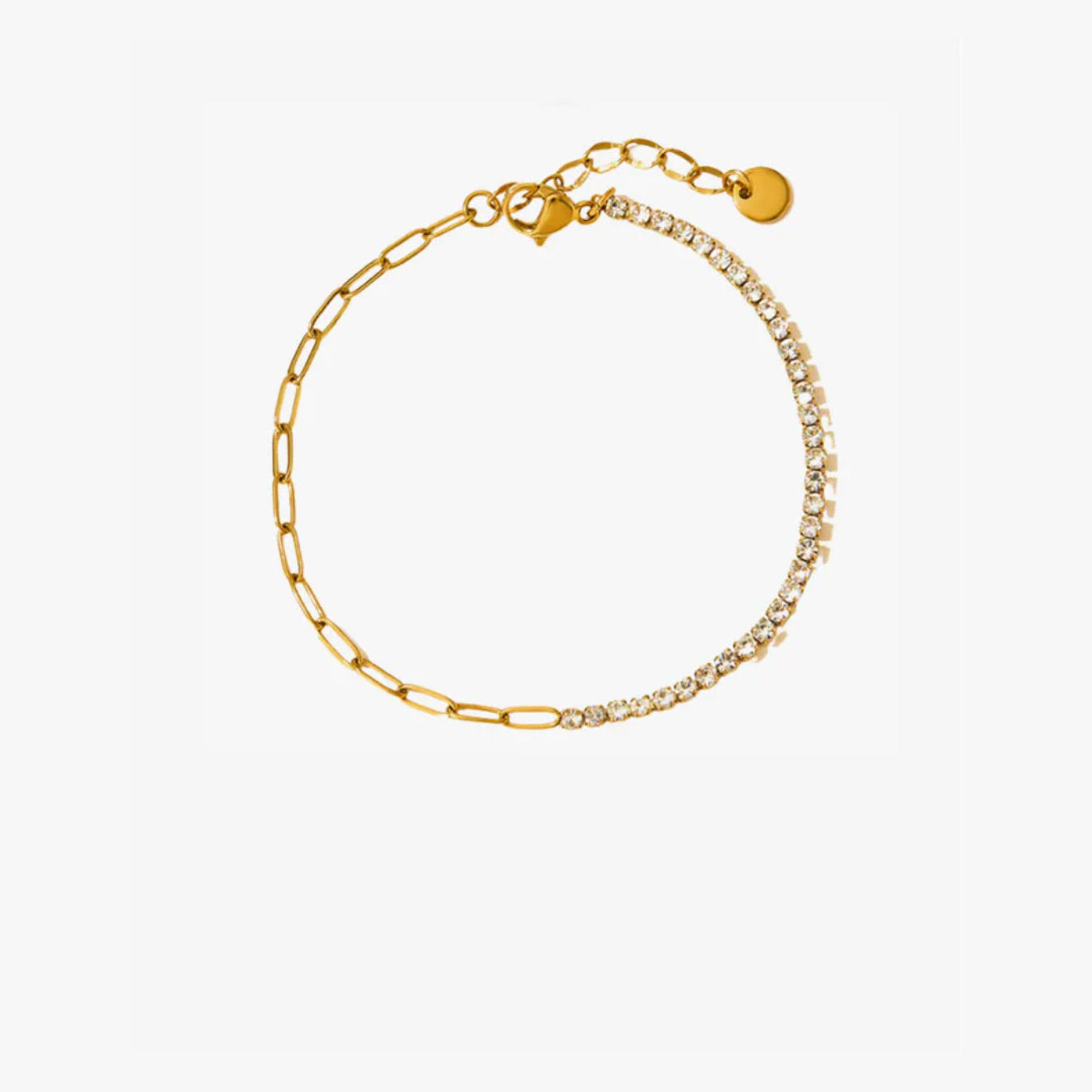 Gold bracelet with clear stones on a white background