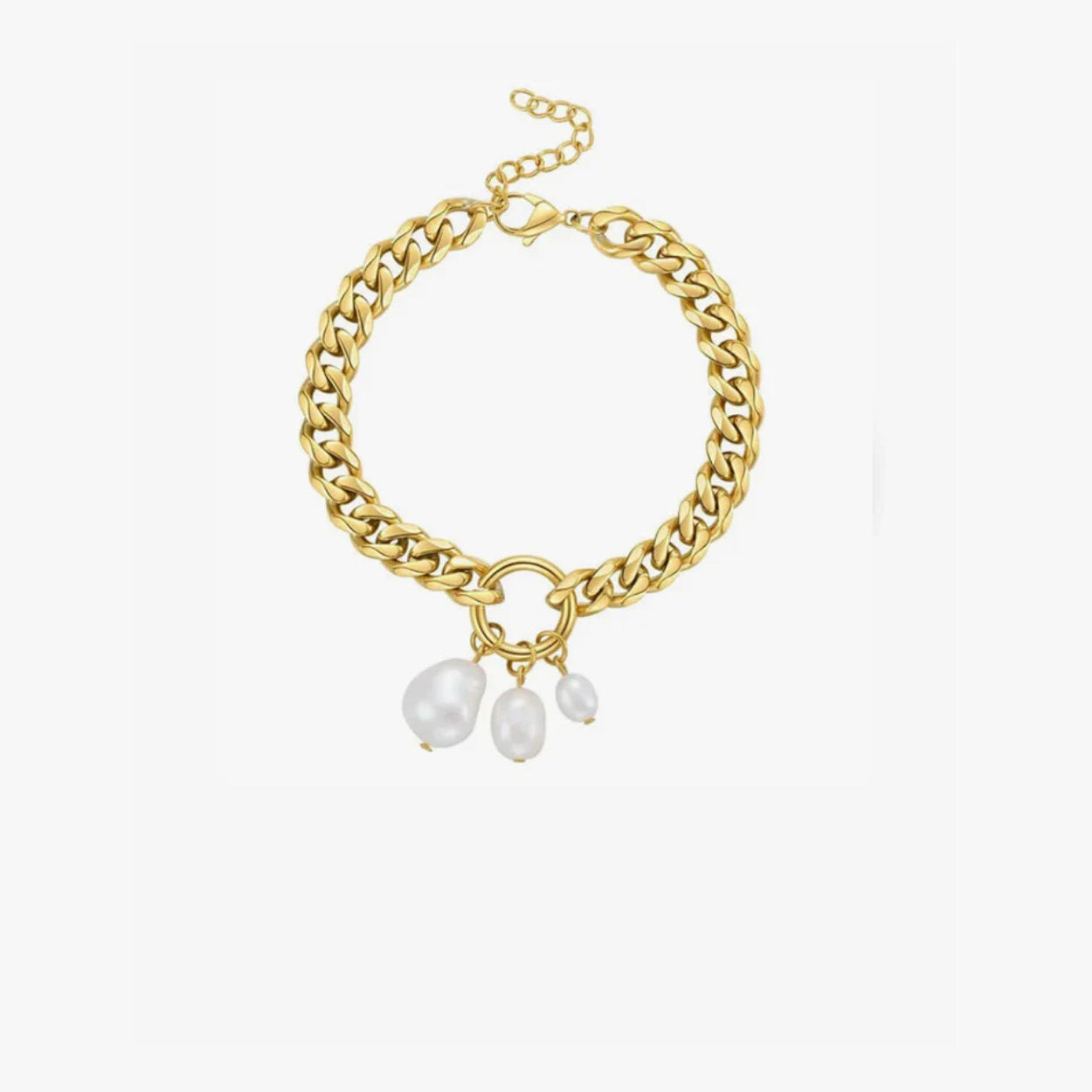 Gold chain bracelet with pearl charms on a white background
