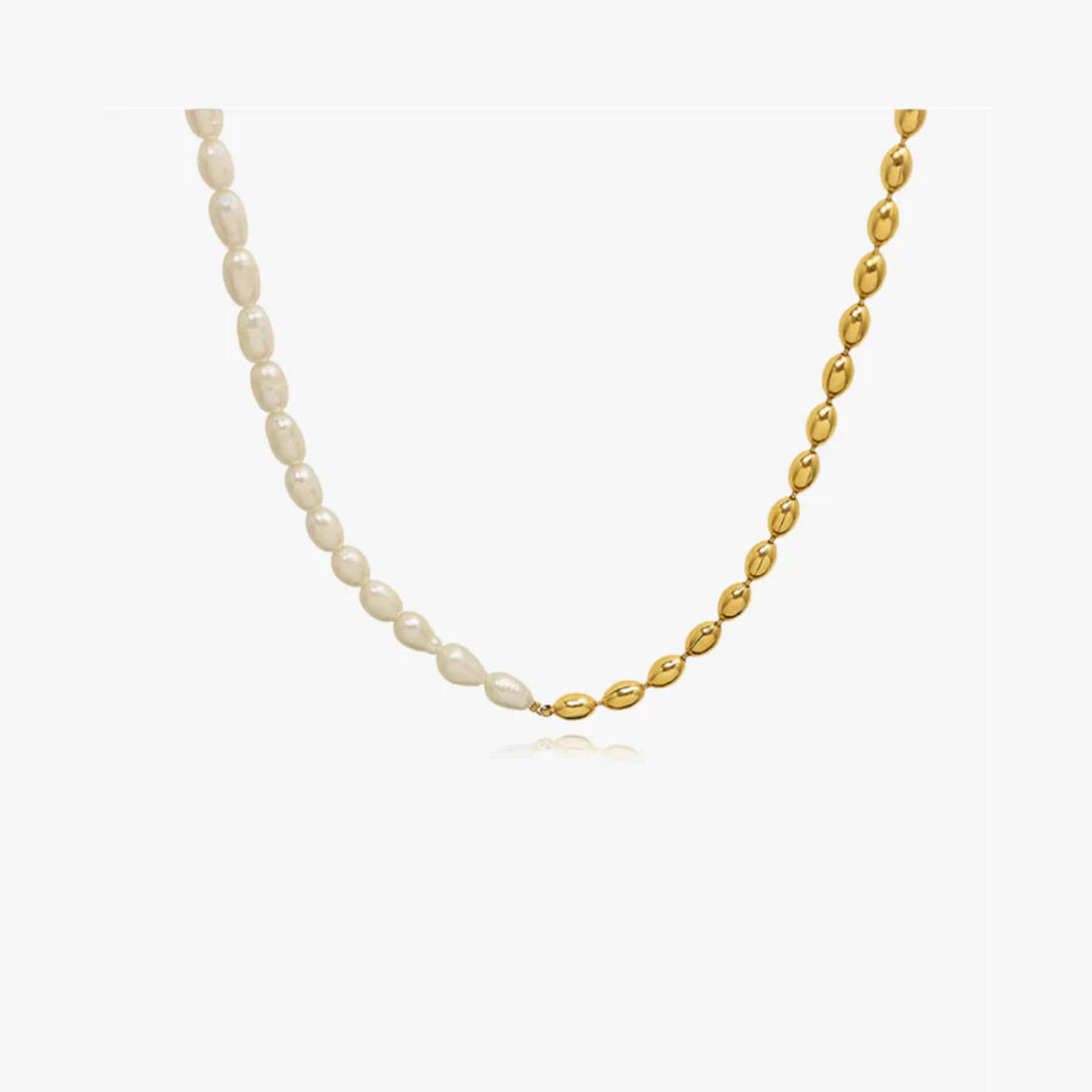 Necklace with alternating white pearls and gold beads on a white background