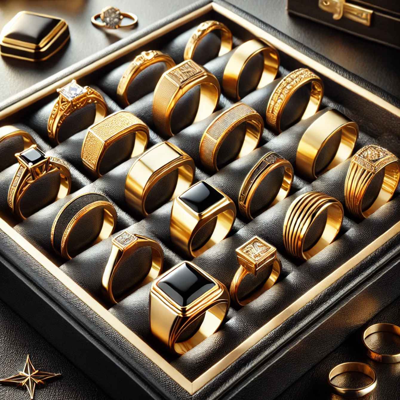 Collection of gold rings in a black display box