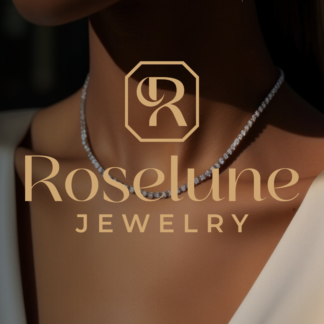 Necklace on a mannequin with Roselune Jewelry logo