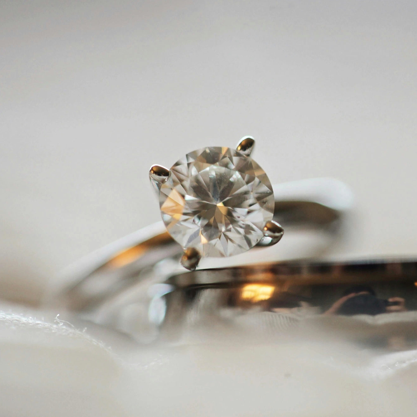 Close-up of a diamond ring with a blurred background